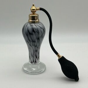 Vintage Black And White Marbled Art Glass Perfume Bottle Atomizer